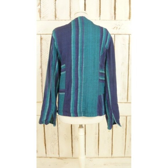 Blue striped woven cotton vintage boho blazer jacket/Cheppu Nepal cover up - Picture 3 of 4